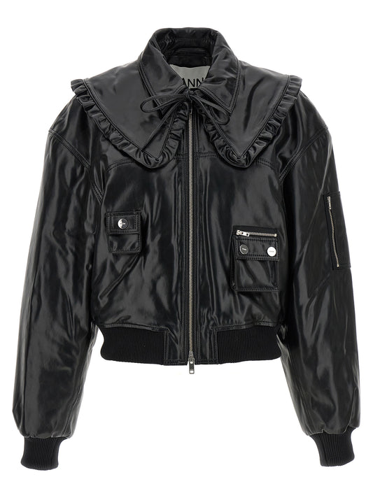 Ganni Black Leather Bomber