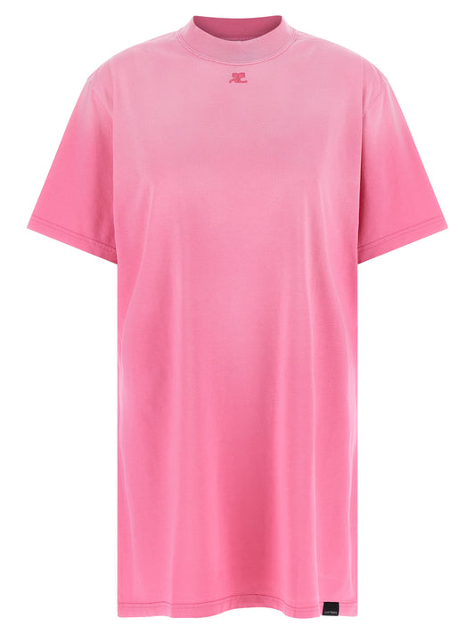 Dress by Courrèges for women in cotton multicolor & pink features an cute silhouette, detailed with a and crew neckline that elegantly flows into a cute short mini.