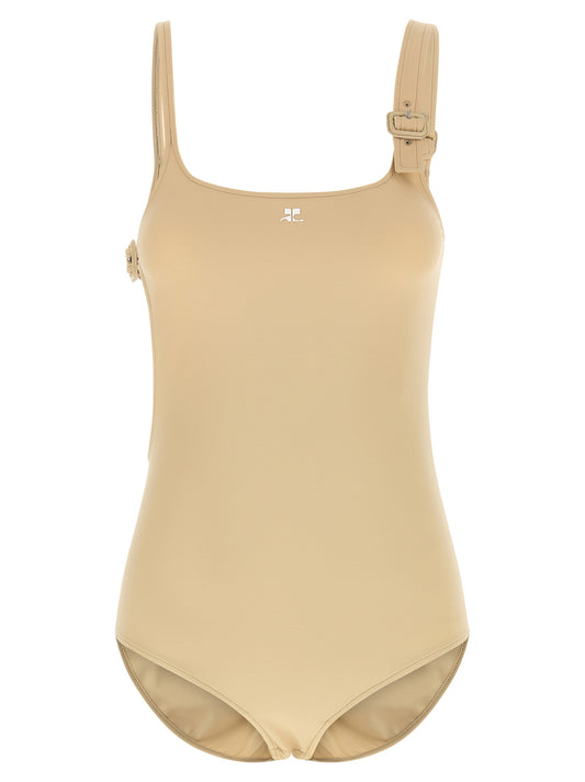 Bodysuit by Courrèges for women in stretch polyamide beige & print features an exquisite silhouette with a refined asymmetric neckline and exquisite detailing.