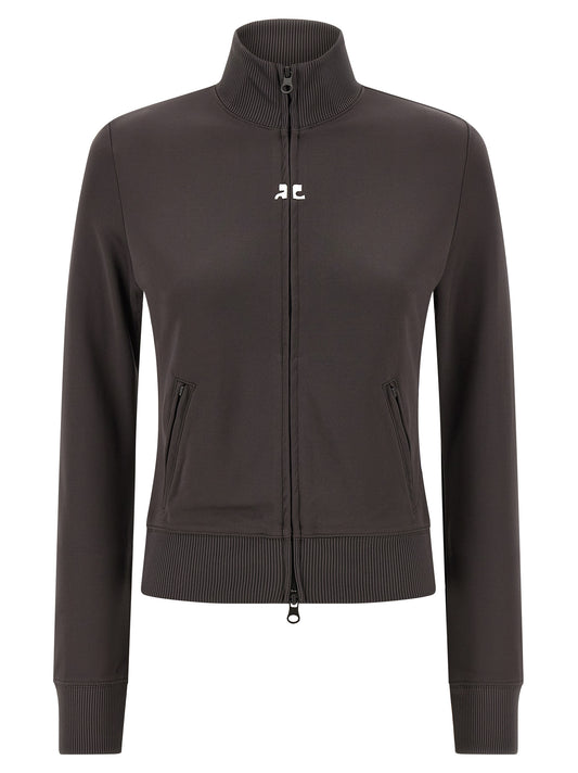 Activewear Sweatshirt by Courrèges for women in polyester gray & signature presents a ergonomic silhouette, showcasing a sophisticated high-neck neckline and detailed with premium for a ergonomic finish.