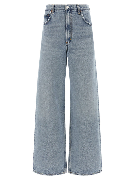 Jeans by Agolde for women in denim cotton indigo & light-blue presents a tailored silhouette, showcasing a tailored tapered-leg & wide and long cut with a refined mid rise for a truly tailored aesthetic.