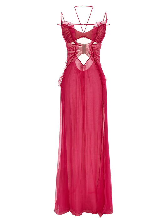 Dress by Nensi Dojaka for women in silk chiffon fuchsia & transparent showcases a striking silhouette, elegantly detailed with a , refined , and a striking long for a striking finish.