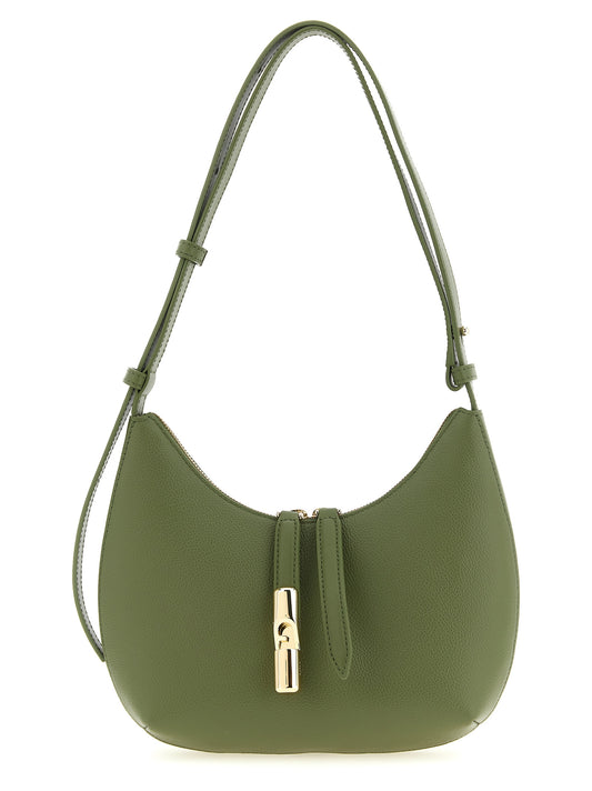 Small Shoulder Bag by Furla for women in calfskin leather bicolour & green showcases a statuesque silhouette, artfully detailed with a secure zipper, organized , and versatile shoulder-strap, adjustable-strap & handle for a statuesque look.