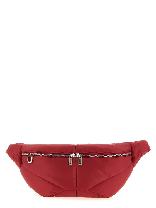 Quilted Crossbody Fanny Pack Handbag by Rick Owens for women in polyester multicolor, red & patterned features a transformative elegance silhouette, showcasing a secure zipper, organized , and versatile crossbody-strap, shoulder-strap, adjustable-strap & belt-strap for a transformative elegance look.