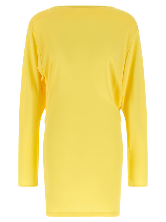 Dress by Jacquemus for women in polyamide viscose bicolour & yellow features a dramatic silhouette, showcasing an elegant boat neckline and long-sleeve that flows into a dramatic short mini.