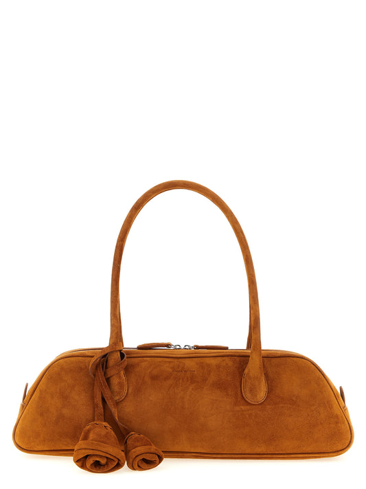 Shoulder Trapeze Bag by Magda Butrym for women in suede calfskin leather brown, rose & signature features a effortless sophistication silhouette, secured by a zipper with ample and versatile shoulder-strap & handle for a effortless sophistication finish.