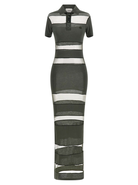 Dress by Coperni for women in stretch polyamide cotton bicolour, green, transparent & striped features a dramatic silhouette, showcasing an elegant split neckline and short-sleeve that flows into a dramatic short long.