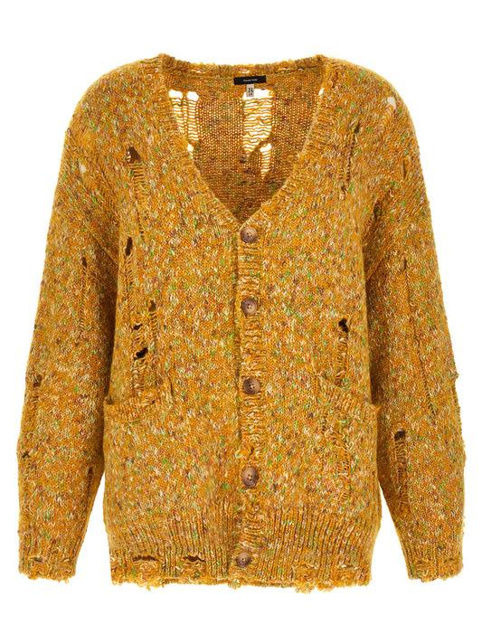 Cardigan by R13 for women in poly cotton alpaca wool & leather bicolour, yellow & patterned showcases a captivating silhouette, artfully detailed with a captivating long-sleeve and v-neck neckline for a truly sophisticated captivating look.