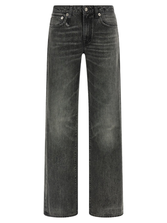 Jeans by R13 for women in denim cotton gray & signature presents a tailored silhouette, showcasing a tailored straight-leg and long cut with a refined low rise for a truly tailored aesthetic.