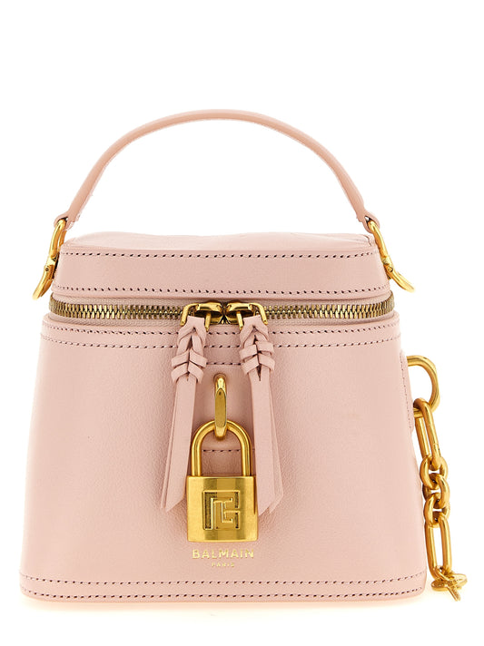 Vanity Handbag by Balmain for women in canvas & bos taurus suede calf leather multicolor & pink features a contemporary silhouette, showcasing a secure zipper, ample , and contemporary shoulder-strap, handle & adjustable-strap for a sophisticated look.