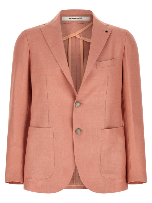 Blazer by Tagliatore for men in virgin wool linen & silk multicolor & pink features an sartorial silhouette, showcasing a sophisticated and sartorial for a truly sartorial finish.