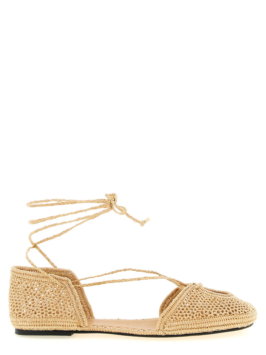 Ballet Flat Shoes by ODISSI for women in raffia viscose & polyester beige presents a effortless chic silhouette, showcasing the Ribbon Women's Raffia Viscose & Polyester Ballet Flat Shoes design with a effortless chic and for a sophisticated look.