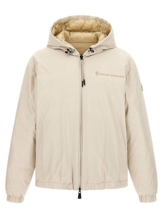 Hooded Puffer Jacket by Moncler Grenoble for men in nylon beige presents a effortlessly chic silhouette, showcasing a sophisticated hooded neckline and premium hooded, insulated & windproof for a truly effortlessly chic finish.
