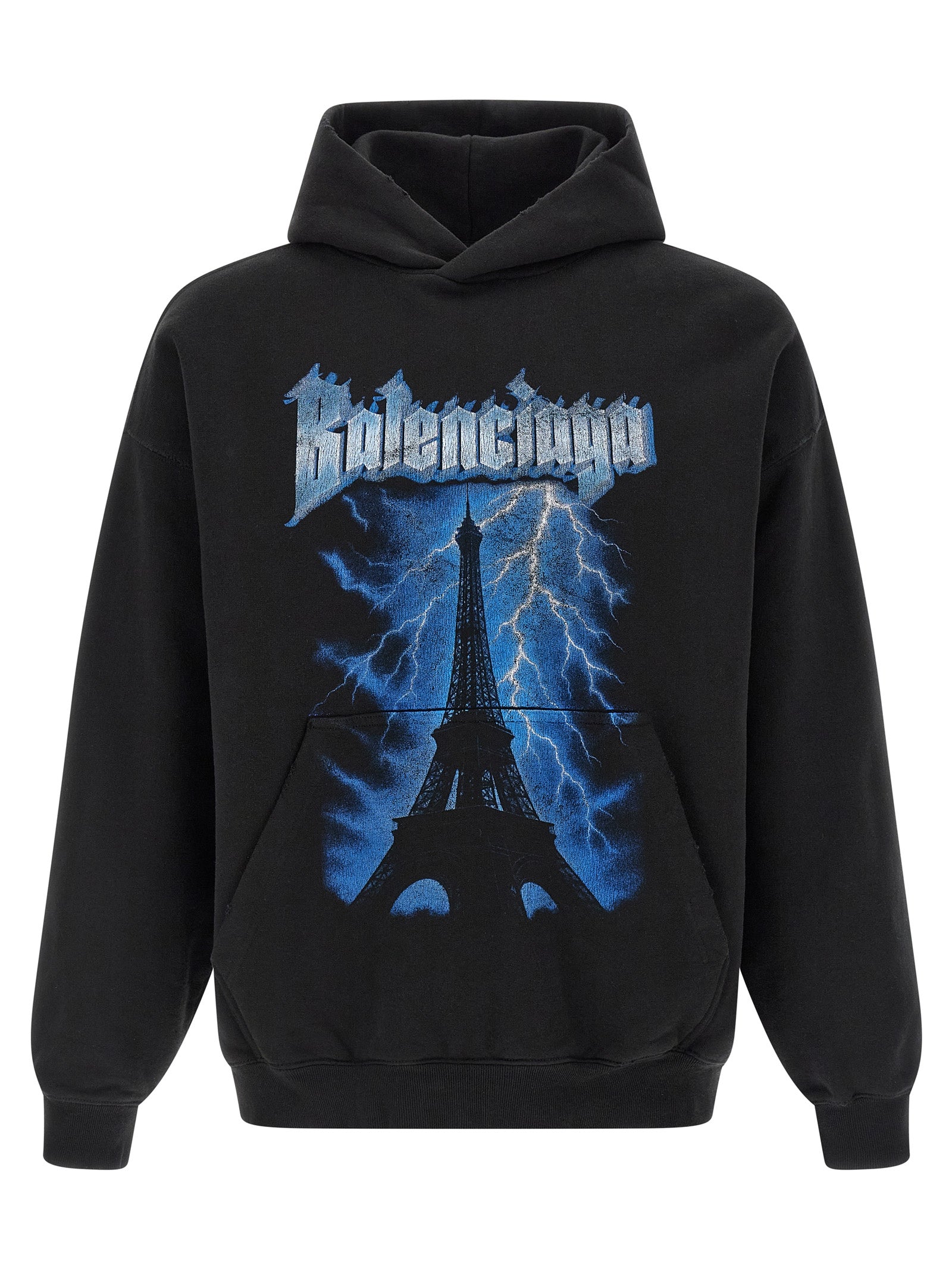 Sweatshirt Hoodie by Balenciaga for men in cotton black & print features an dramatic silhouette, showcasing a sophisticated hooded neckline and dramatic long-sleeve for a refined, modern aesthetic.