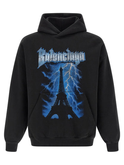 Sweatshirt Hoodie by Balenciaga for men in cotton black & print features an dramatic silhouette, showcasing a sophisticated hooded neckline and dramatic long-sleeve for a refined, modern aesthetic.