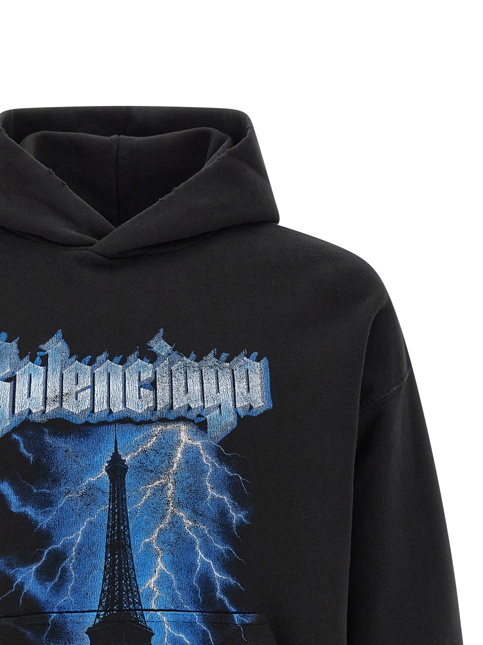 Sweatshirt Hoodie by Balenciaga for men in cotton black & print showcases a city-ready silhouette, artfully detailed with a signature hooded neckline and for a city-ready finish.