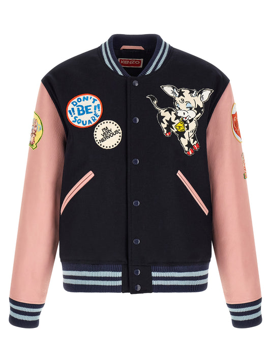 This Bomber Jacket by Kenzo for men in viscose wool & leather multicolor exhibits a edgy silhouette, meticulously detailed with functional and a edgy high-neck neckline for a edgy finish.
