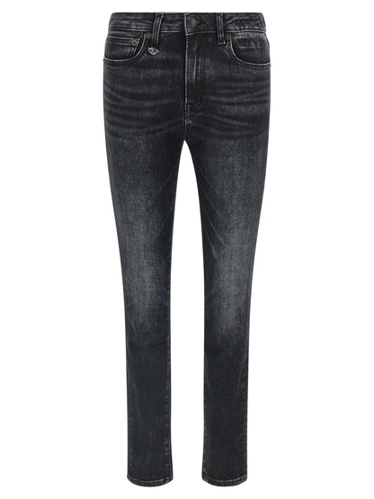 Jeans by R13 for women in stretch denim cotton black & signature features an sartorial and long with a cut for a sartorial finish.