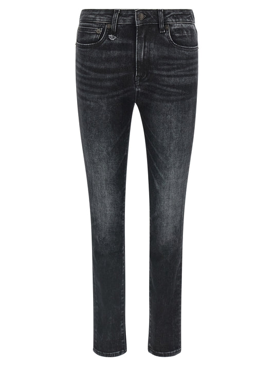 Jeans by R13 for women in stretch denim cotton black & signature features an sartorial and long with a cut for a sartorial finish.