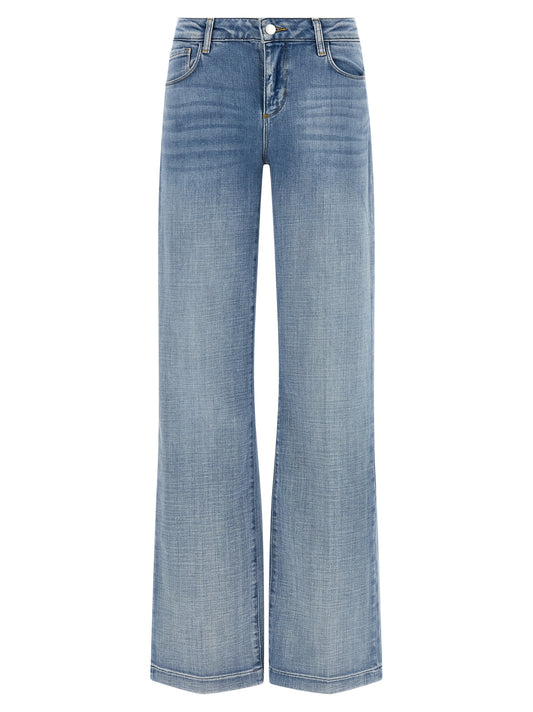 Jeans by L'Agence for women in stretch denim cotton polyester light-blue presents a refined pantology silhouette, artfully defined by a refined pantology straight-leg & wide, long, and a sophisticated low rise.
