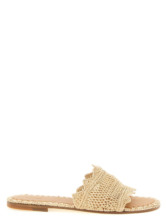Sliders Flat Shoes by ODISSI for women in raffia viscose polyester leather beige presents a effortless chic silhouette, showcasing the Women's Raffia Viscose Polyester Leather Sliders Flat Shoes design with a effortless chic and for a sophisticated look.