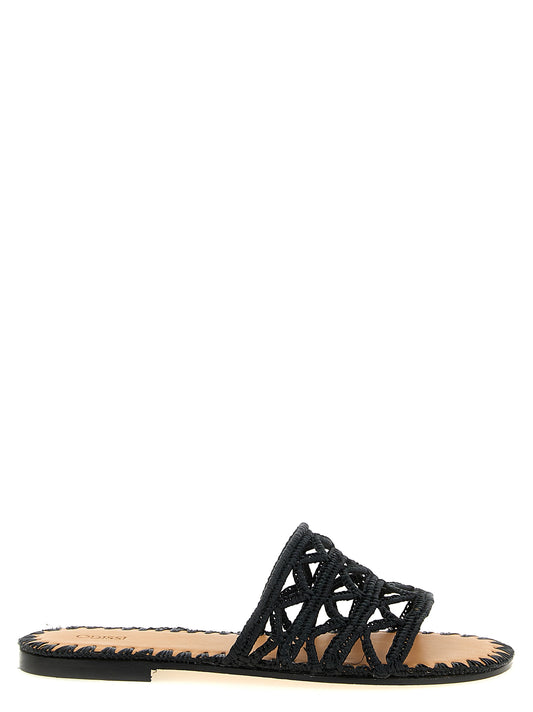 Sliders Sandals Flat Shoes by ODISSI for women in raffia viscose polyester leather black showcases a dynamic silhouette, artfully capturing Women's Raffia Viscose Polyester Leather Sliders Sandals Flat Shoes through its distinctive and elegant .