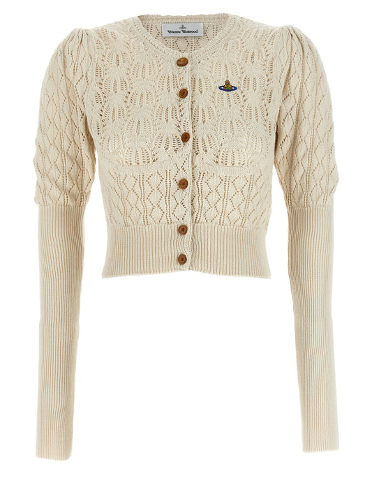 Cardigan by Vivienne Westwood for women in organic cotton beige & patterned presents a textural silhouette, artfully finished with a textural crew neckline and for a sophisticated, textural look.