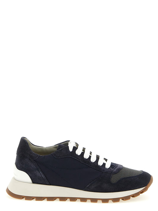 Athletic Sneakers by Brunello Cucinelli for women in polyamide polyester suede leather blue presents a sleek silhouette, perfectly capturing the athletic style essence of Women's Athletic Polyamide Polyester Suede Leather Sneakers with its sleek design and premium finish.