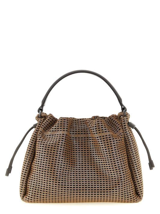 Quilted Bucket Handbag by Brunello Cucinelli for women in calfskin leather brown presents a ornamental silhouette, showcasing a secure drawstring & magnetic, ample , and versatile shoulder-strap, handle & adjustable-strap for a ornamental finish.