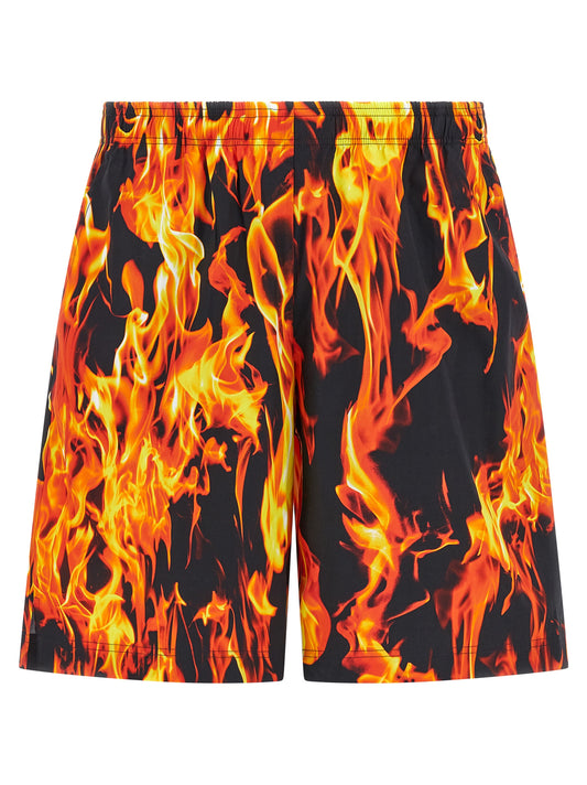 Bermuda Shorts by Vetements for men in cotton black, multicolor, orange & print features an tailored silhouette, showcasing a tailored wide with a short and for a sophisticated look.