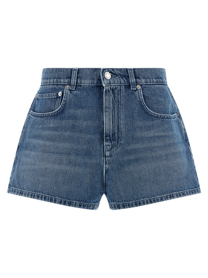 Shorts by Moschino for women in denim cotton blue features a tailored silhouette with a short and .