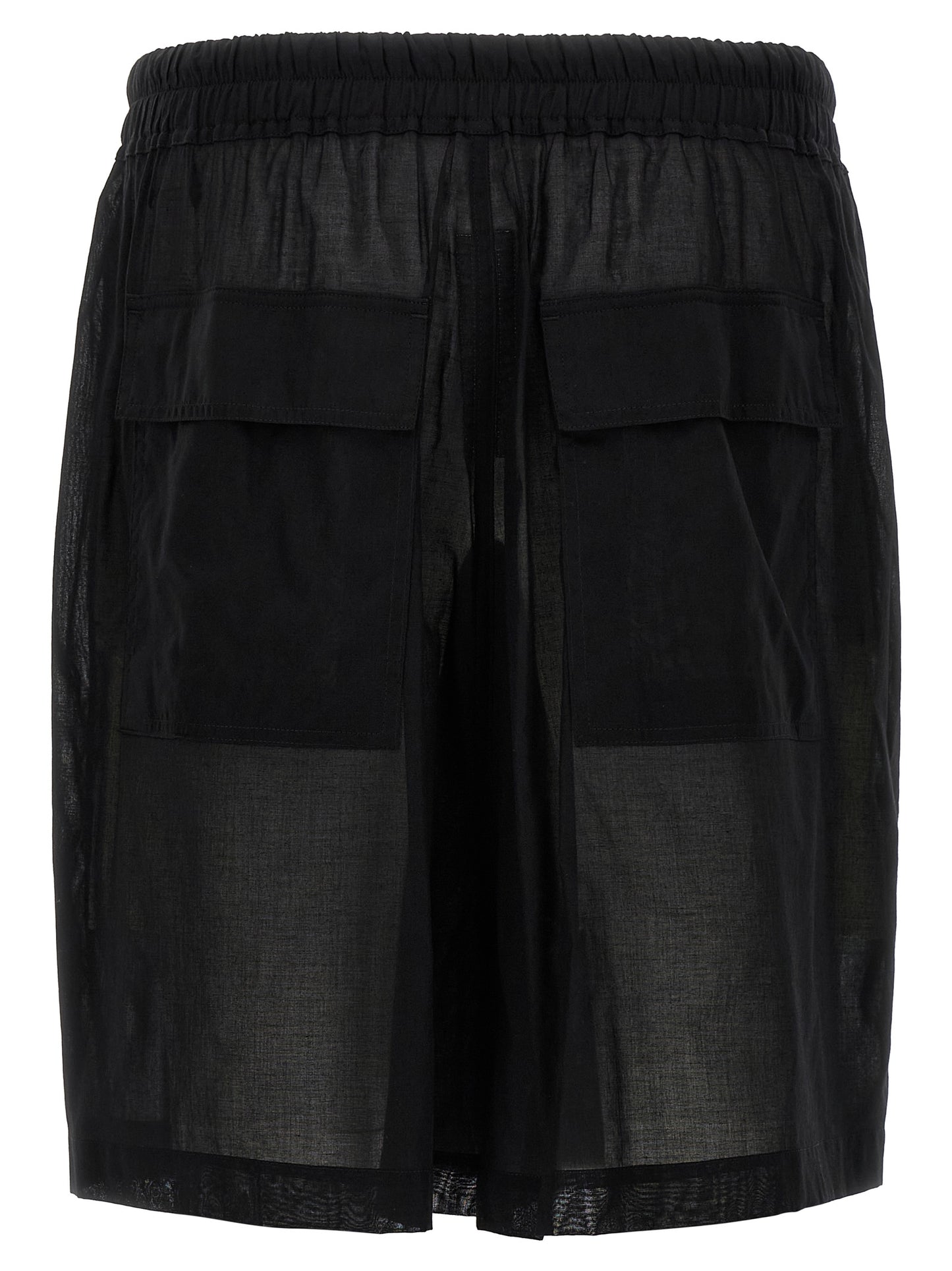 Bermuda Shorts by Rick Owens for men in cotton black & transparent features a sartorial silhouette, showcasing a sartorial wide and short with a sophisticated for a sartorial look.