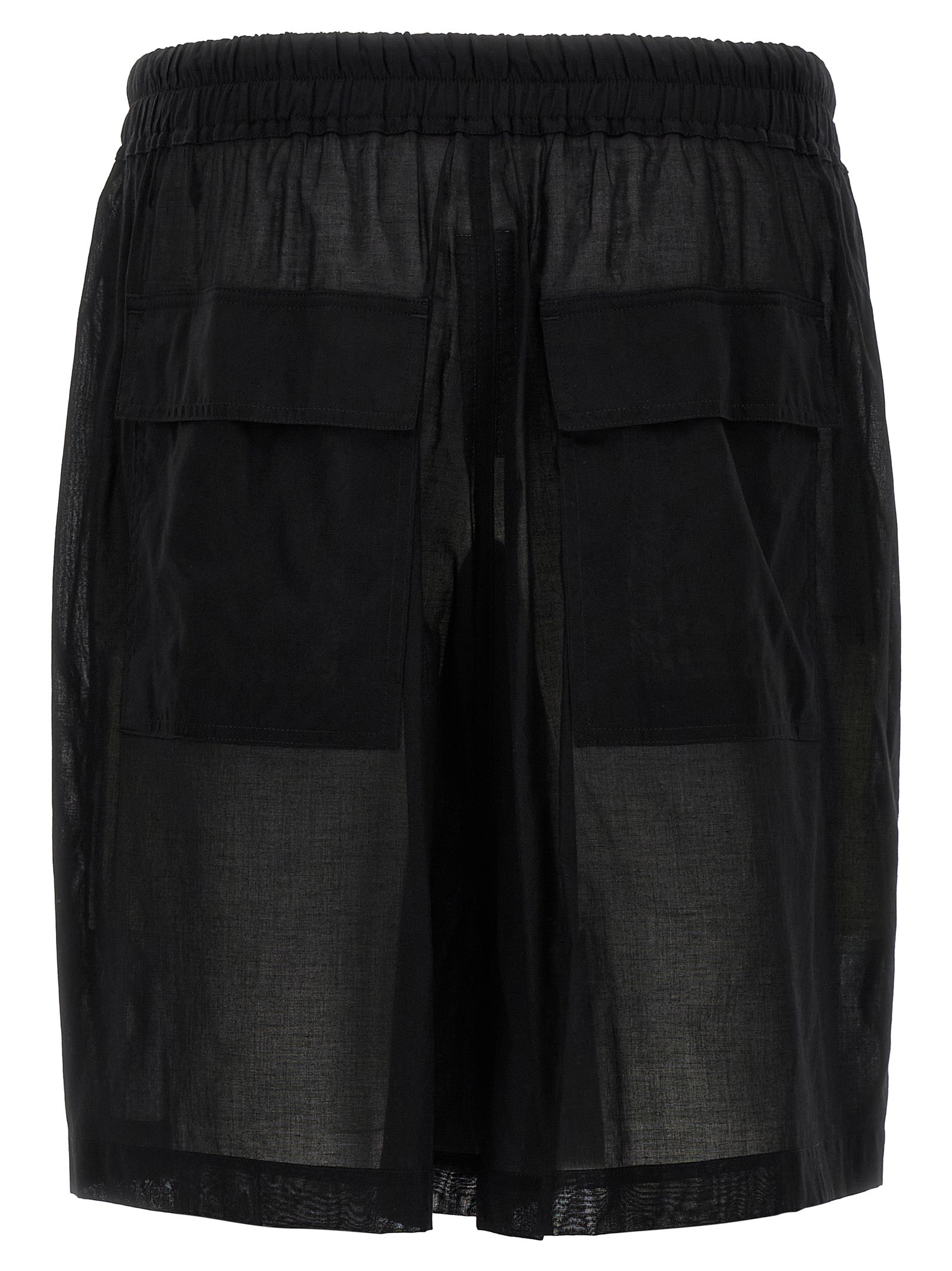 Bermuda Shorts by Rick Owens for men in cotton black & transparent features a sartorial silhouette, showcasing a sartorial wide and short with a sophisticated for a sartorial look.