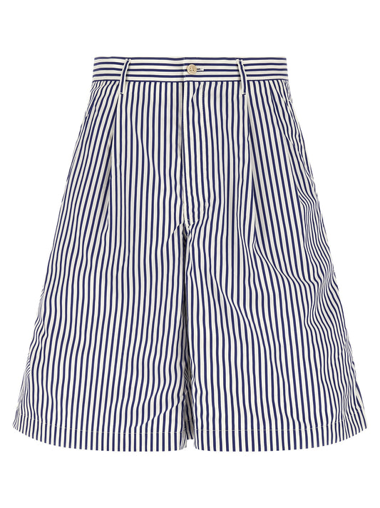 Bermuda Shorts by Comme Des Garçons for men in cotton blue & striped presents a contemporary silhouette, showcasing a contemporary straight-leg with a refined short and elegant .