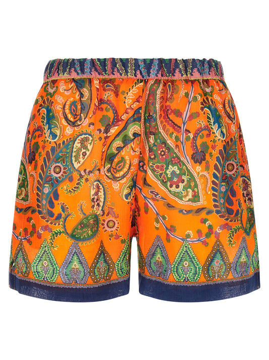 Bermuda Shorts by Etro for women in ramie & polyester orange, paisley, floral & print presents a contemporary silhouette, showcasing a contemporary wide with a refined short and elegant .