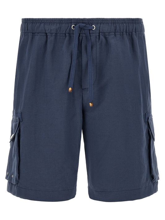Bermuda Shorts by Brunello Cucinelli for men in linen & cotton blue features a sartorial silhouette, showcasing a sartorial straight-leg and short with a sophisticated for a sartorial look.