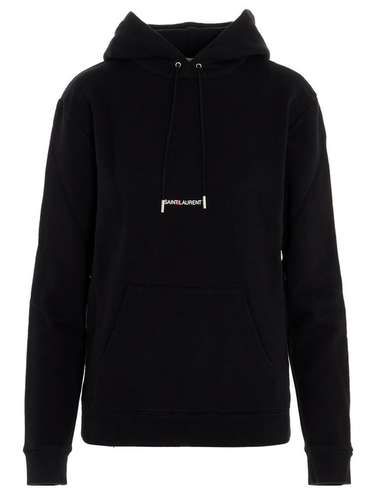 Sweatshirt Hoodie by Saint Laurent for women in cotton black & print features an dramatic silhouette, showcasing a sophisticated hooded neckline and dramatic for a refined, modern aesthetic.