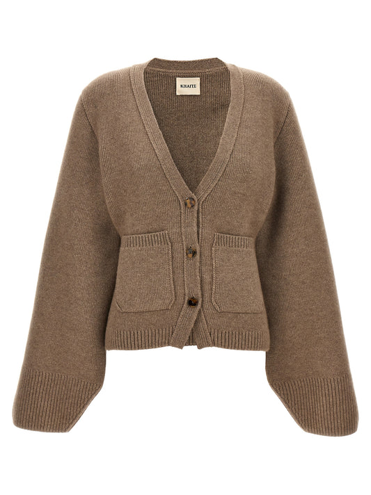 Cardigan by Khaite for women in cashmere brown features an crisp silhouette, showcasing a sophisticated v-neck neckline and detail for a truly crisp finish.