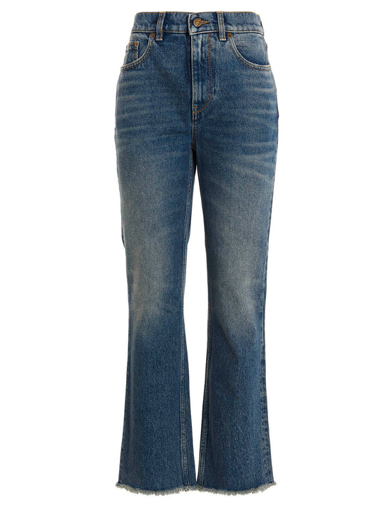 Jeans by Golden Goose for women in denim cotton blue presents a refined pantology silhouette, artfully defined by a refined pantology flared, long, and a sophisticated high rise.
