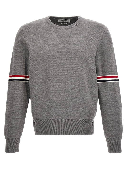 Cardigan by Thom Browne for men in cotton gray, patterned & signature features an crisp silhouette, showcasing a sophisticated and detail for a truly crisp finish.