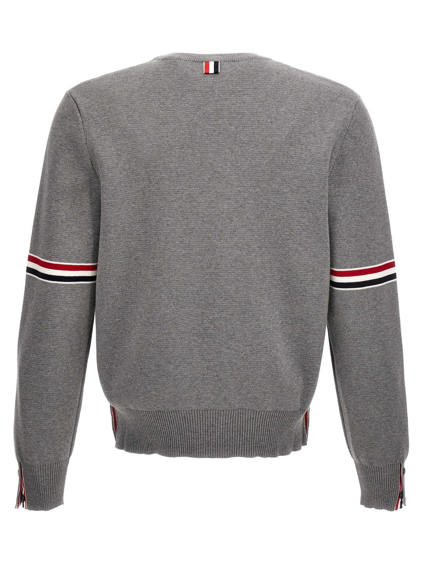 Cardigan by Thom Browne for men in cotton gray, patterned & signature presents a textural silhouette, artfully finished with a textural and for a sophisticated, textural look.