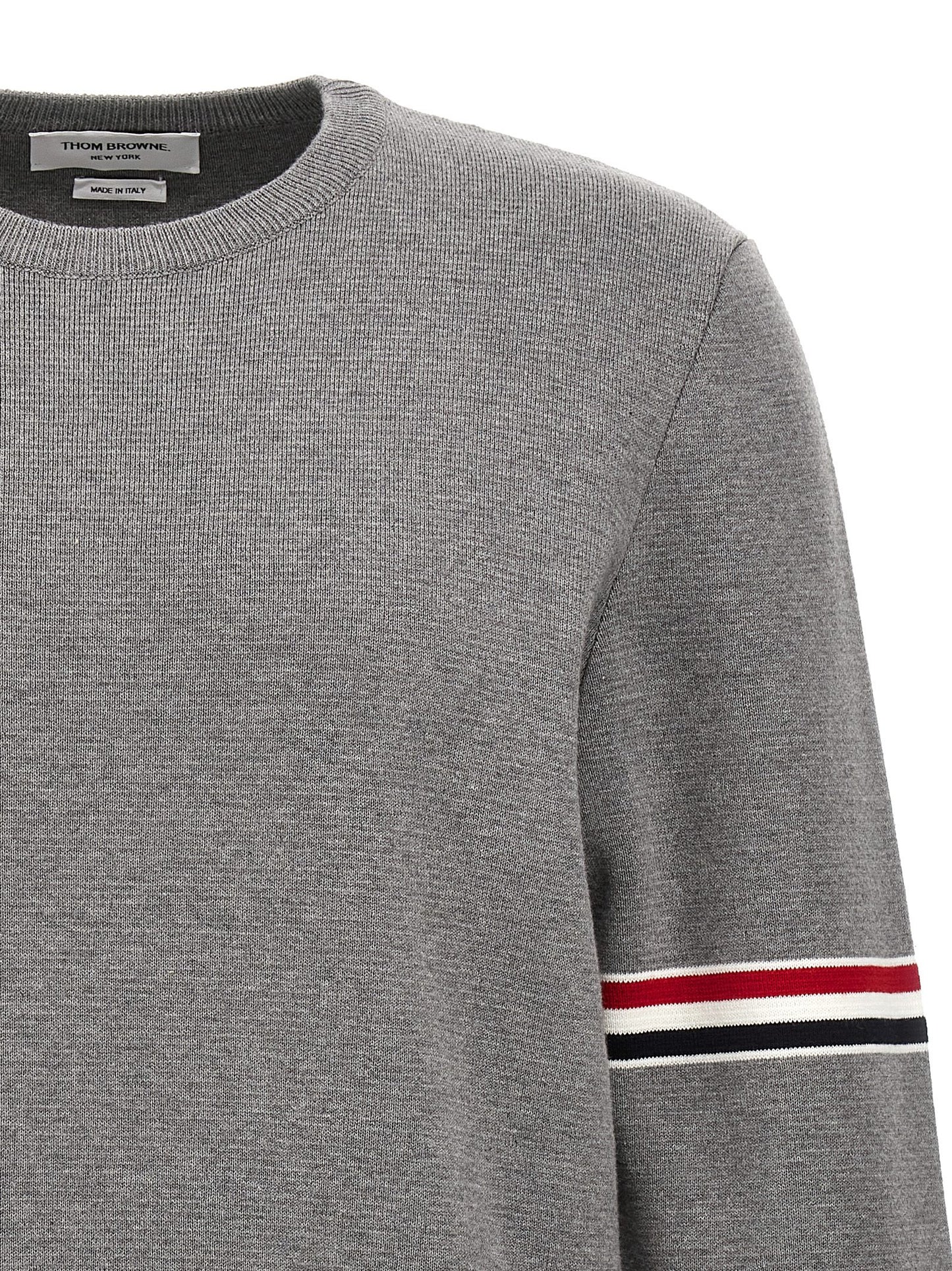 Cardigan by Thom Browne for men in cotton gray, patterned & signature features an impeccable silhouette, showcasing a sophisticated and detail for a truly impeccable finish.