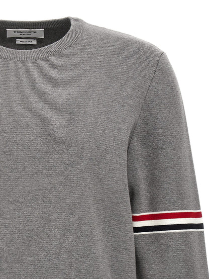Cardigan by Thom Browne for men in cotton gray, patterned & signature features an impeccable silhouette, showcasing a sophisticated and detail for a truly impeccable finish.