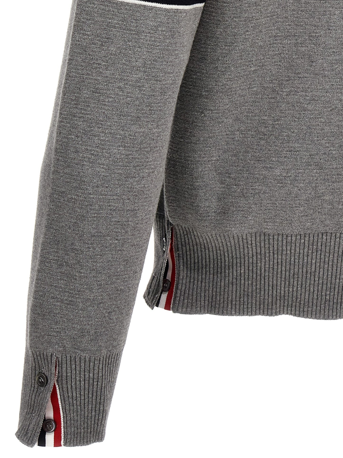 Cardigan by Thom Browne for men in cotton gray, patterned & signature showcases a luxurious silhouette, meticulously detailed with a sophisticated and for a refined finish.