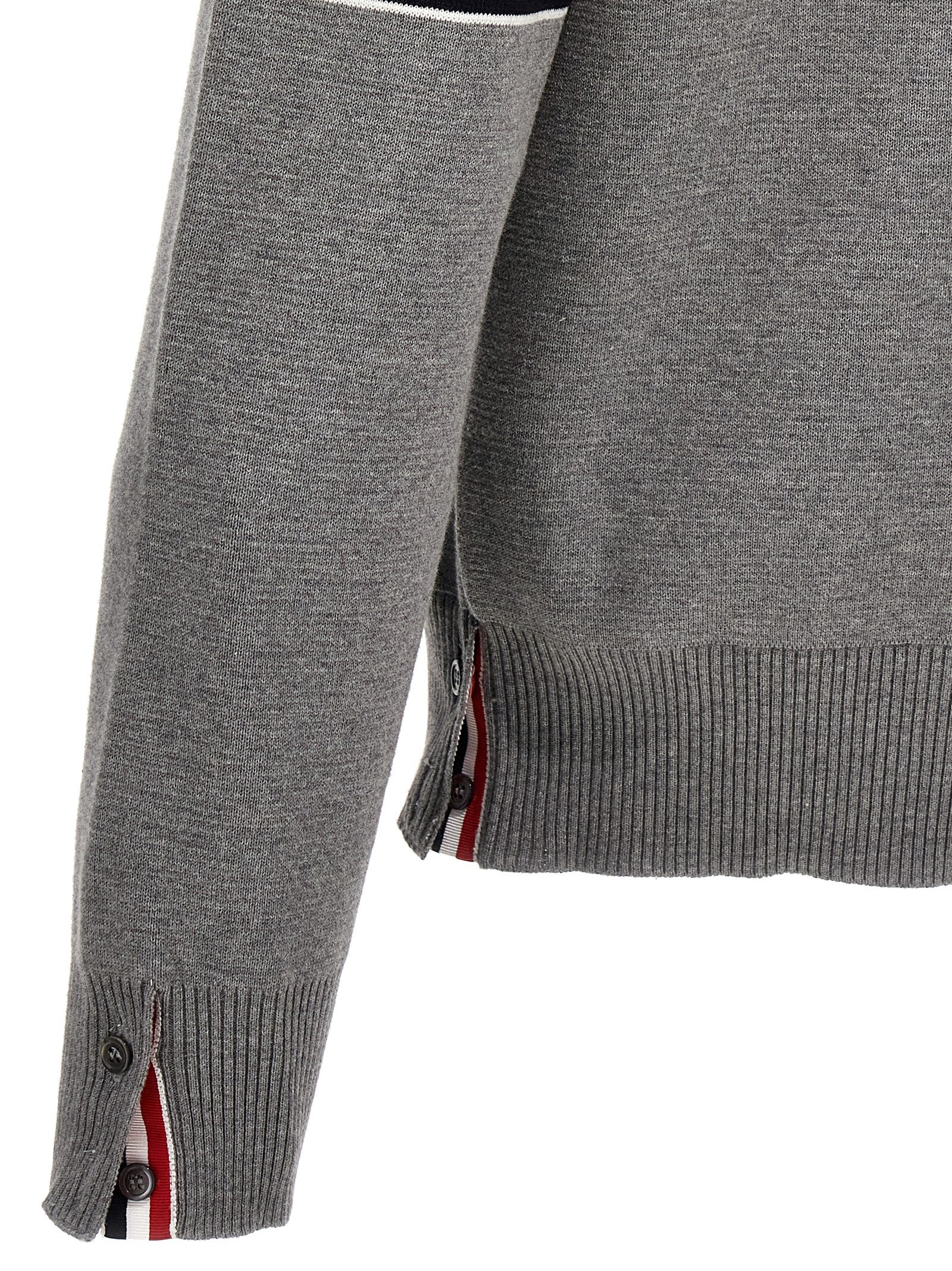 Cardigan by Thom Browne for men in cotton gray, patterned & signature showcases a luxurious silhouette, meticulously detailed with a sophisticated and for a refined finish.