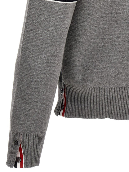 Cardigan by Thom Browne for men in cotton gray, patterned & signature showcases a luxurious silhouette, meticulously detailed with a sophisticated and for a refined finish.