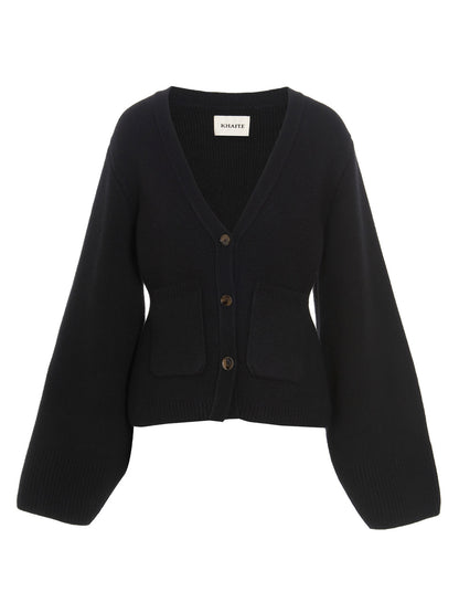 Cardigan by Khaite for women in cashmere black showcases a captivating silhouette, artfully detailed with a captivating and v-neck neckline for a truly sophisticated captivating look.