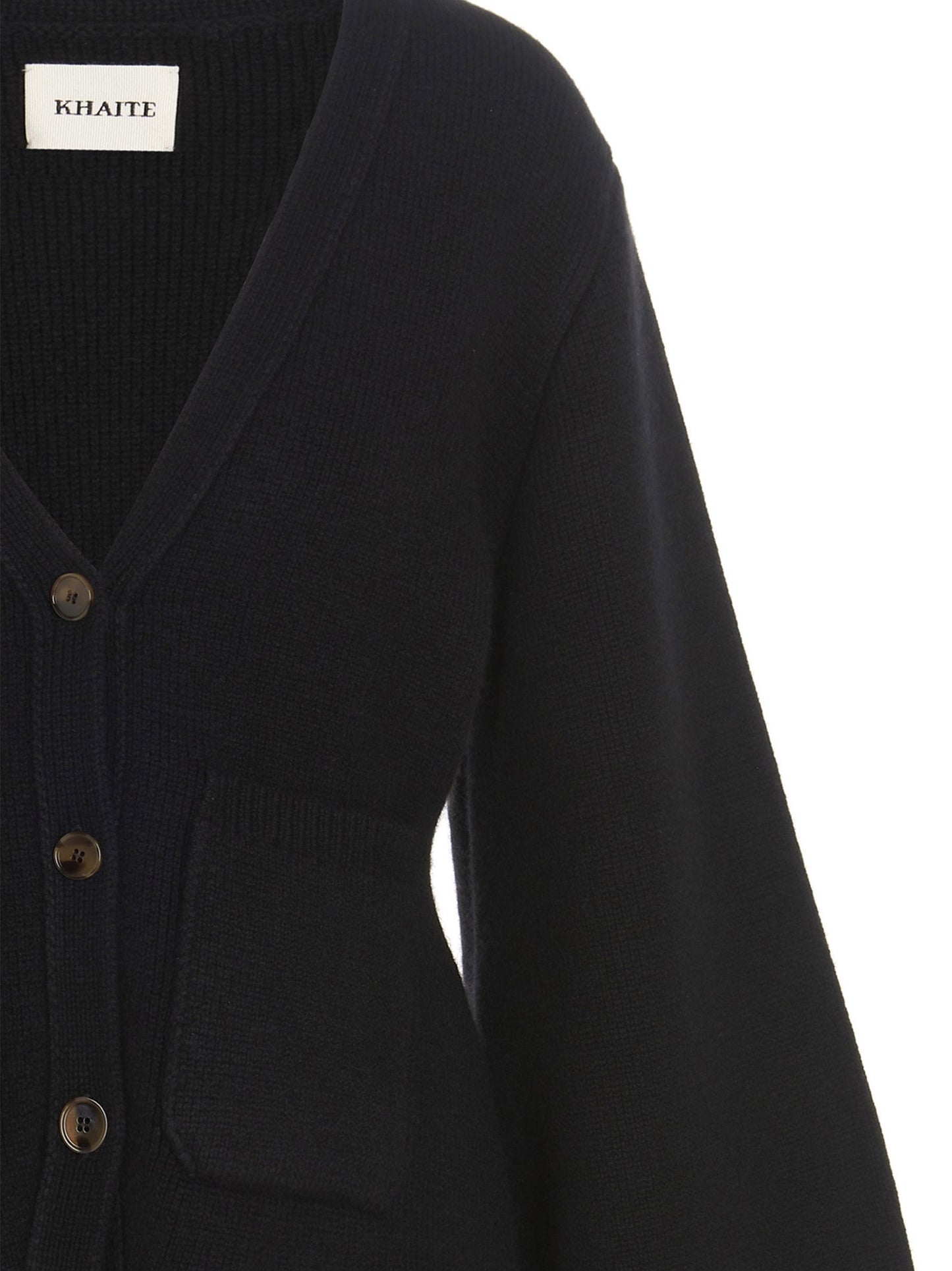 Cardigan by Khaite for women in cashmere black features an crisp silhouette, showcasing a sophisticated v-neck neckline and detail for a truly crisp finish.