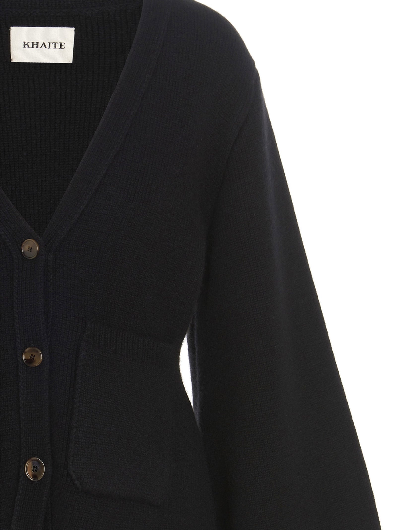 Cardigan by Khaite for women in cashmere black features an crisp silhouette, showcasing a sophisticated v-neck neckline and detail for a truly crisp finish.