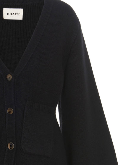 Cardigan by Khaite for women in cashmere black features an crisp silhouette, showcasing a sophisticated v-neck neckline and detail for a truly crisp finish.